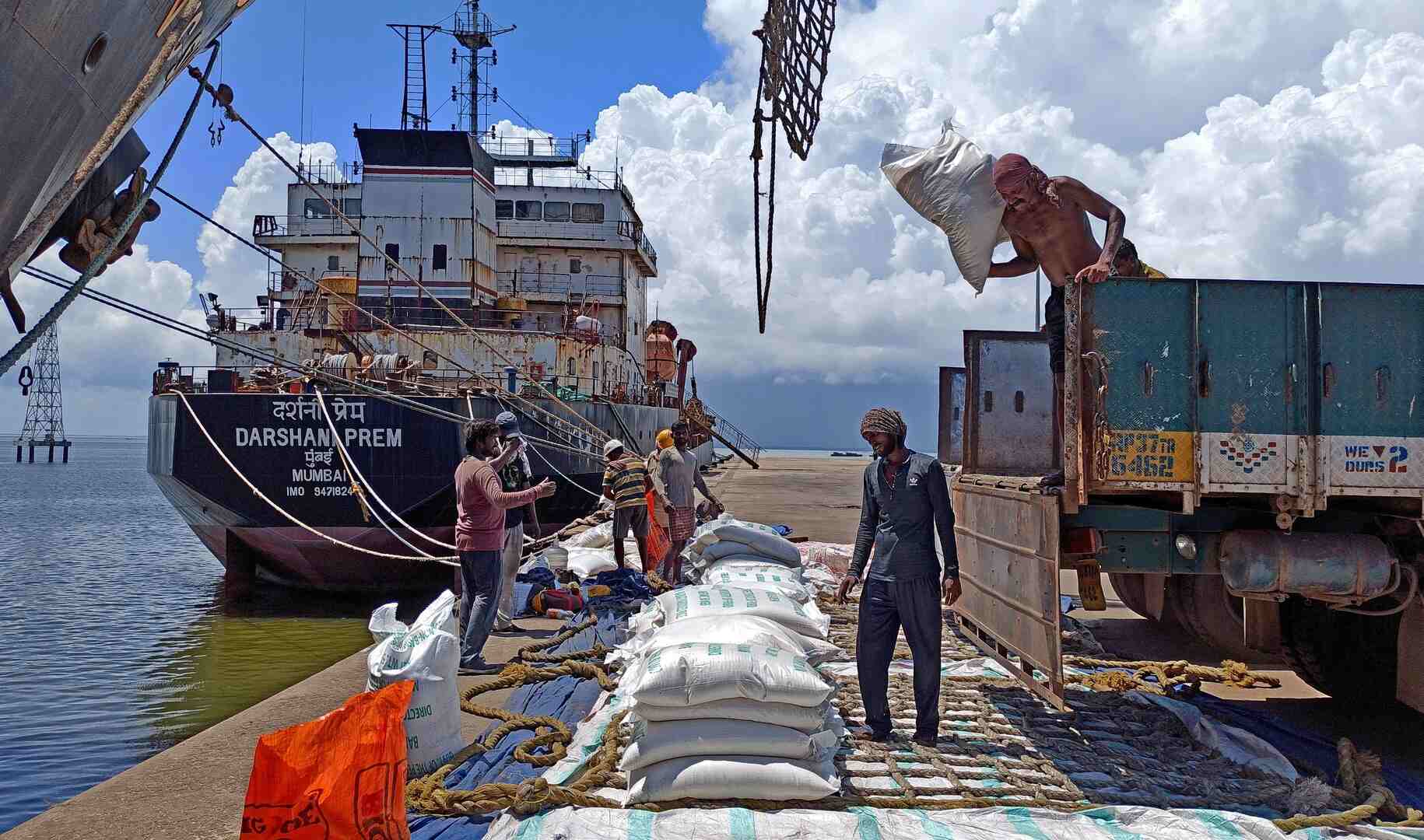 Indian rice bags prepared for international export shipment
